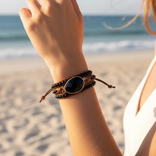 Boho Beach Hut Bracelets Boho Beaded Stone Wrap Bracelet Matte Black / One Size