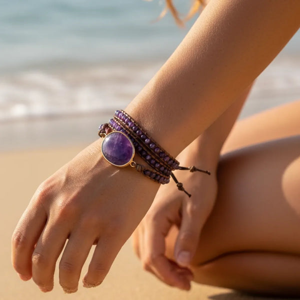 Boho Beach Hut Bracelets Boho Beaded Stone Wrap Bracelet Purple / One Size