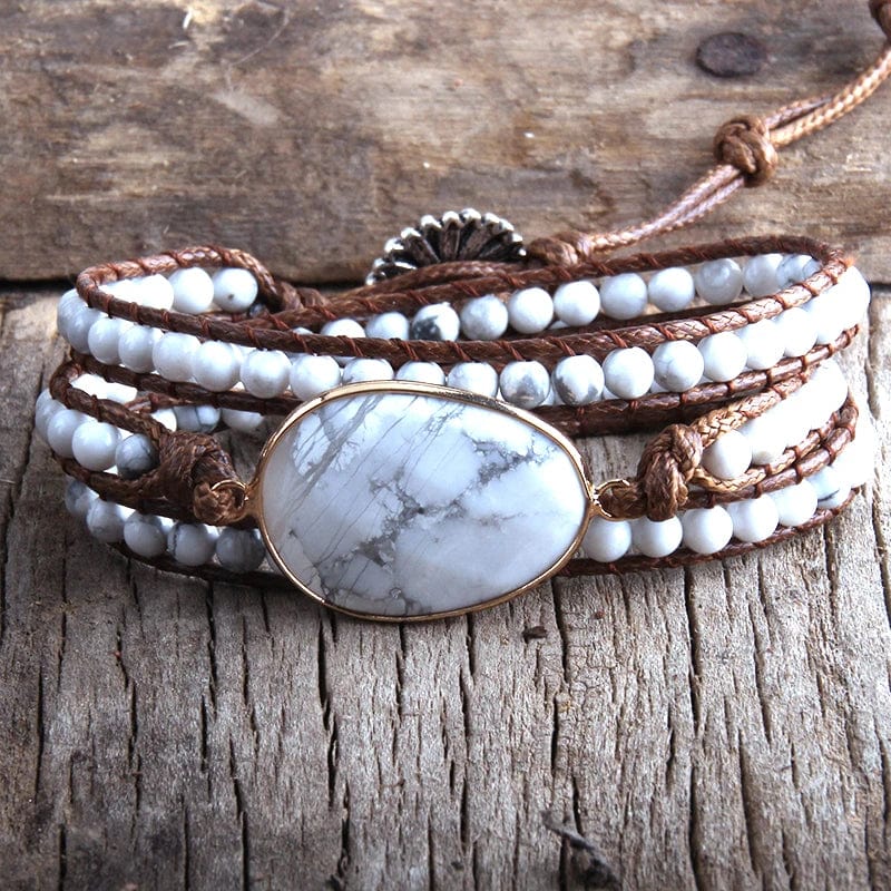 Boho Beach Hut Bracelets Boho Beaded Stone Wrap Bracelet White / One Size