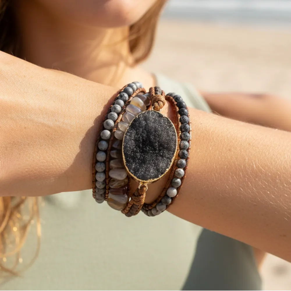 Boho Beach Hut Bracelets Boho Stone Beads Wrap Bracelet Dark Gray / One Size