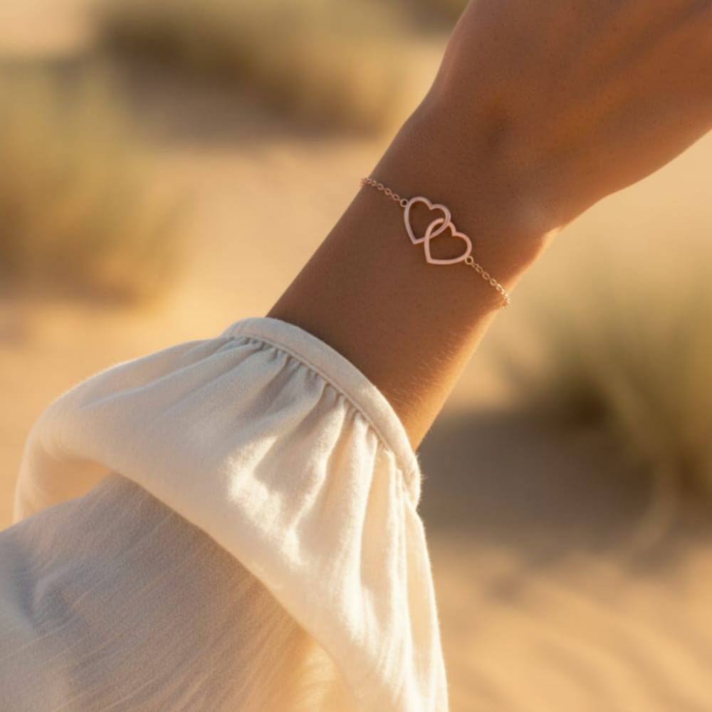Boho Beach Hut Bracelets, Heart Bracelet, Charm Bracelet Double Heart Bracelet Rose Gold / One Size