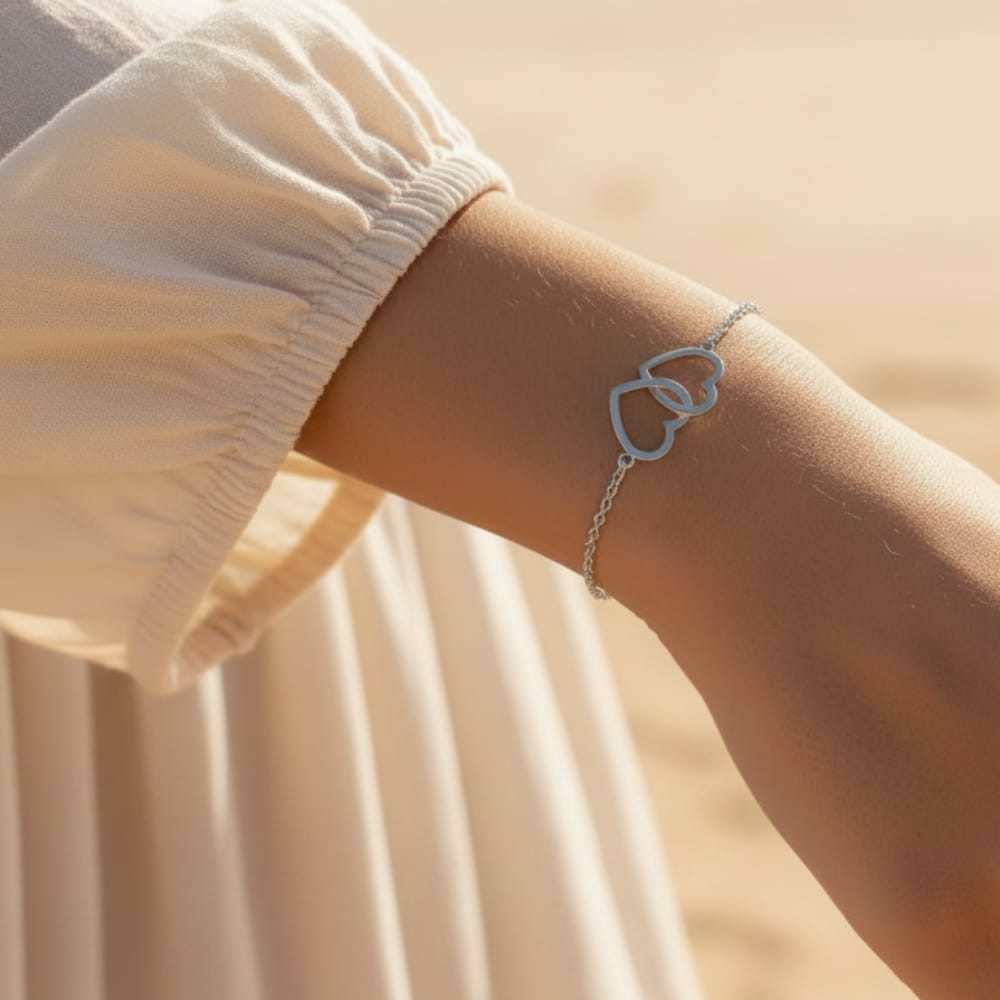 Boho Beach Hut Bracelets, Heart Bracelet, Charm Bracelet Double Heart Bracelet Silver / One Size