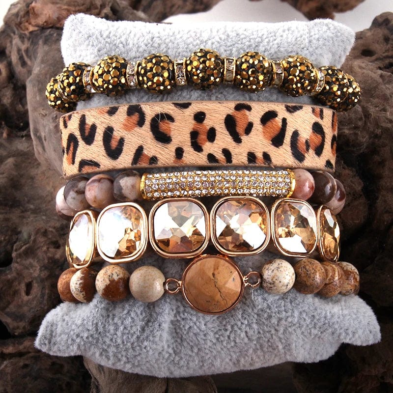 Boho Beach Hut Bracelets Leopard Print Multilayer Bracelet Set Brown / One Size