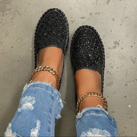 Boho Beach Hut Canvas Shoes, Slip On Shoes, Sneakers Sequined Platform Slip-On Flats Black / 6
