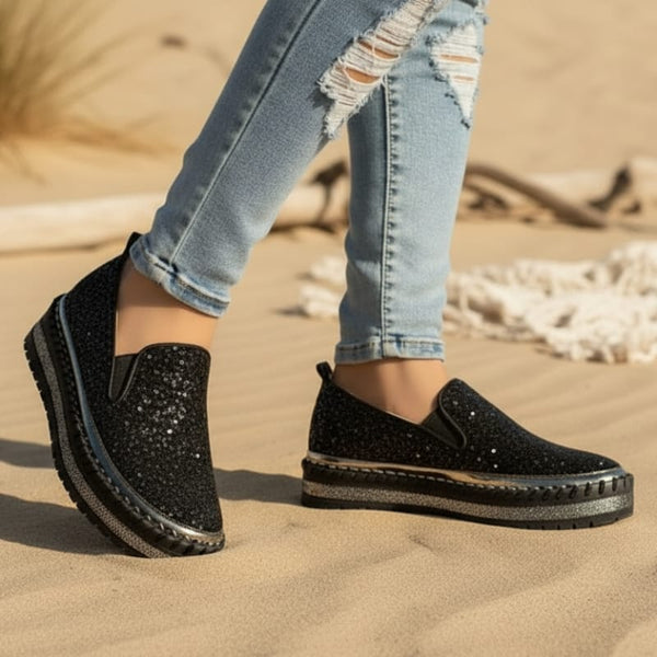 Boho Beach Hut Canvas Shoes, Slip On Shoes, Sneakers Sequined Platform Slip-On Flats Black / 6