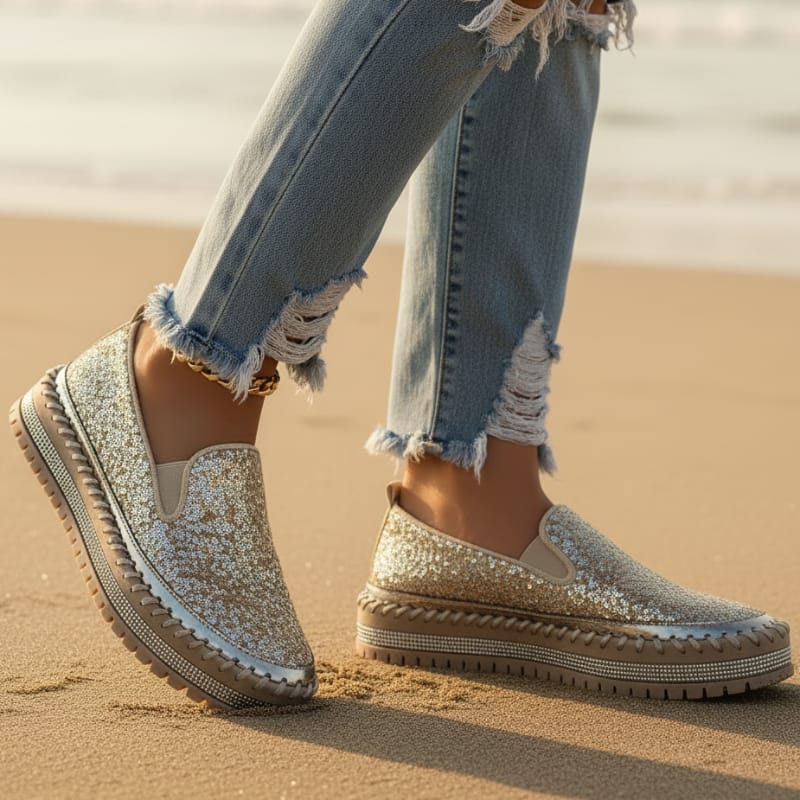Boho Beach Hut Canvas Shoes, Slip On Shoes, Sneakers Sequined Platform Slip-On Flats Gold / 6