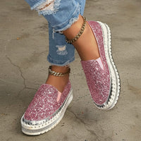 Boho Beach Hut Canvas Shoes, Slip On Shoes, Sneakers Sequined Platform Slip-On Flats Pink / 6