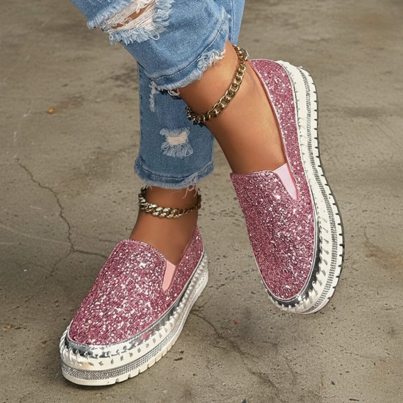 Boho Beach Hut Canvas Shoes, Slip On Shoes, Sneakers Sequined Platform Slip-On Flats Pink / 6