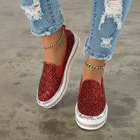 Boho Beach Hut Canvas Shoes, Slip On Shoes, Sneakers Sequined Platform Slip-On Flats Red / 6