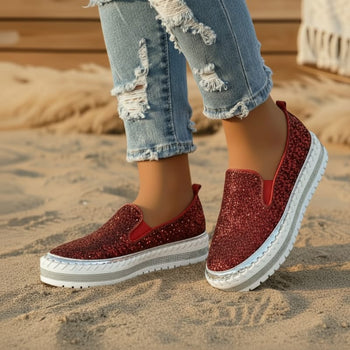 Boho Beach Hut Canvas Shoes, Slip On Shoes, Sneakers Sequined Platform Slip-On Flats Red / 6
