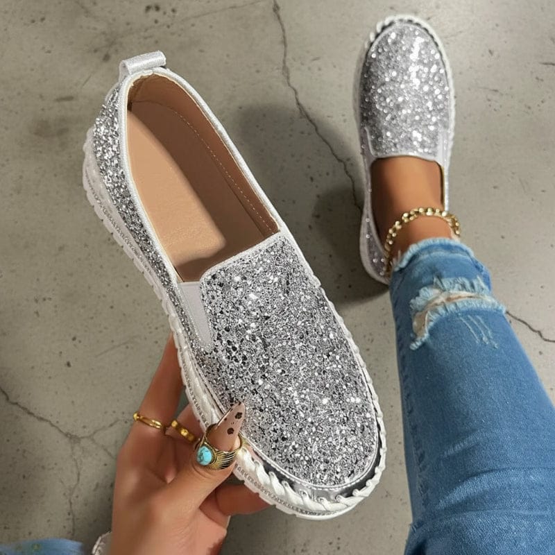 Boho Beach Hut Canvas Shoes, Slip On Shoes, Sneakers Sequined Platform Slip-On Flats Silver / 6