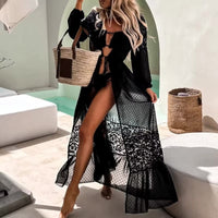 Boho Beach Hut Cardigan, Cover Up, Beachwear, White Long Cardigan, Lace Cardigan Lace Kaftan Beach Cover Up Black / S