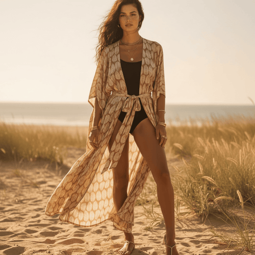 Boho Beach Hut Cardigan, Cover up, Kimono, Plus Size Long Floral Kimono Swimsuit Cover Up Beige / One Size