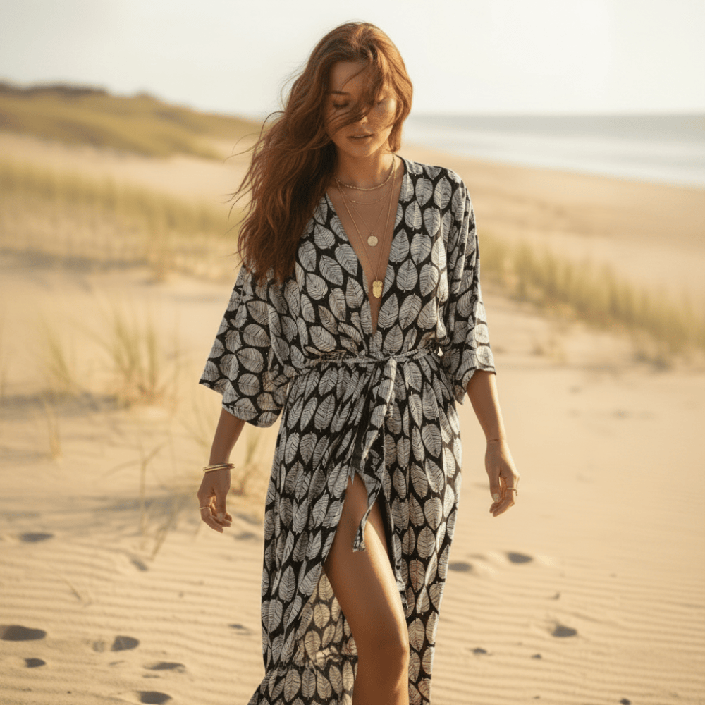 Long Floral Kimono Swimsuit Cover Up Black / One Size