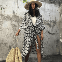 Boho Beach Hut Cardigan, Cover up, Kimono, Plus Size Long Floral Kimono Swimsuit Cover Up Black / One Size