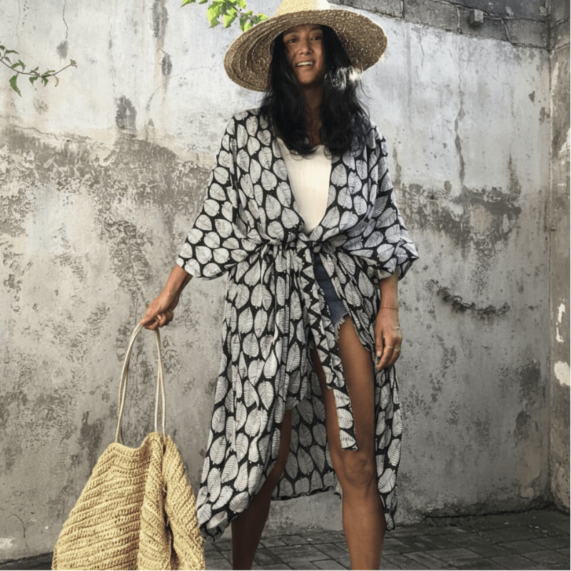 Boho Beach Hut Cardigan, Cover up, Kimono, Plus Size Long Floral Kimono Swimsuit Cover Up Black / One Size