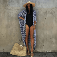 Boho Beach Hut Cardigan, Cover up, Kimono, Plus Size Long Floral Kimono Swimsuit Cover Up Blue / One Size