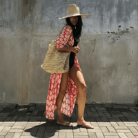 Boho Beach Hut Cardigan, Cover up, Kimono, Plus Size Long Floral Kimono Swimsuit Cover Up Red / One Size