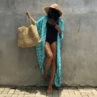 Boho Beach Hut Cardigan, Cover up, Kimono, Plus Size Long Floral Kimono Swimsuit Cover Up Sky Blue / One Size