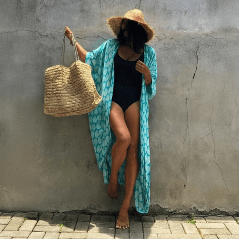 Boho Beach Hut Cardigan, Cover up, Kimono, Plus Size Long Floral Kimono Swimsuit Cover Up Sky Blue / One Size