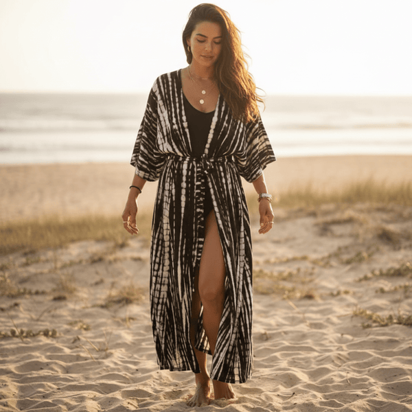 Boho Beach Hut Cardigan, Cover up, Kimono, Plus Size Long Kimono Swimsuit Cover Up Black / One Size
