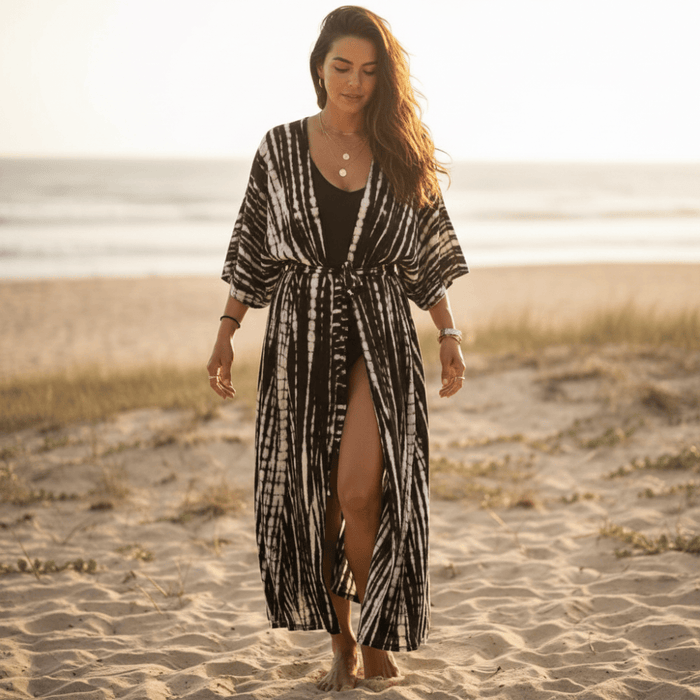 Boho Beach Hut Cardigan, Cover up, Kimono, Plus Size Long Kimono Swimsuit Cover Up Black / One Size