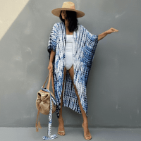 Boho Beach Hut Cardigan, Cover up, Kimono, Plus Size Long Kimono Swimsuit Cover Up Blue / One Size