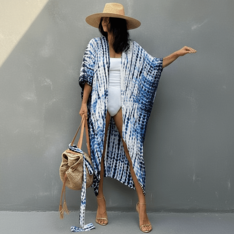 Boho Beach Hut Cardigan, Cover up, Kimono, Plus Size Long Kimono Swimsuit Cover Up Blue / One Size