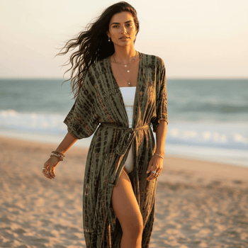 Boho Beach Hut Cardigan, Cover up, Kimono, Plus Size Long Kimono Swimsuit Cover Up Green / One Size