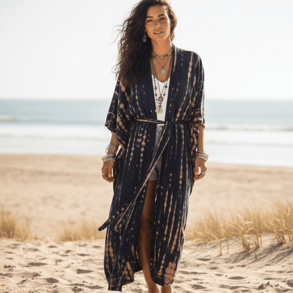 Boho Beach Hut Cardigan, Cover up, Kimono, Plus Size Long Kimono Swimsuit Cover Up Navy Blue / One Size