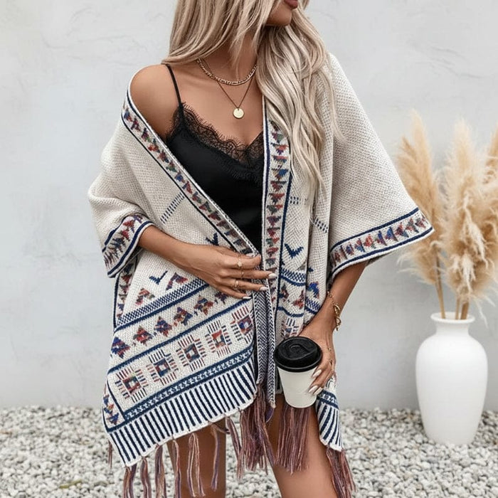 Boho Beach Hut Cardigan, Knit Sweater Boho Knit Tassel Cardigan Off White / One Size