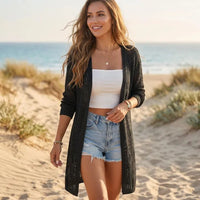 Black boho long cardigan sweater with decorative crochet-style knit detailing and open-front design.