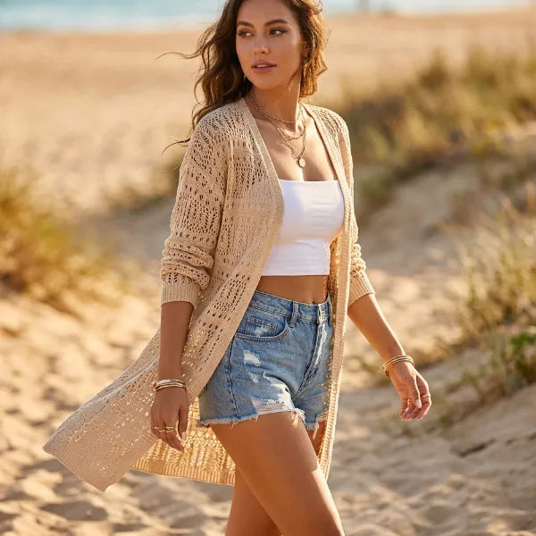 Champagne long knit cardigan for women with an open front, lightweight fabric, and loose bohemian silhouette.