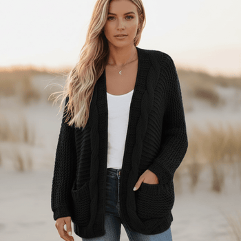 Boho Beach Hut Cardigan, Sweater Boho Knit Cardigan with Pockets Black / S
