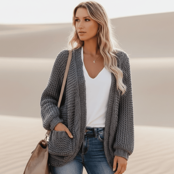 Boho Beach Hut Cardigan, Sweater Boho Knit Cardigan with Pockets Dark Gray / S