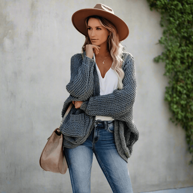 Boho Beach Hut Cardigan, Sweater Boho Knit Cardigan with Pockets Dark Gray / S