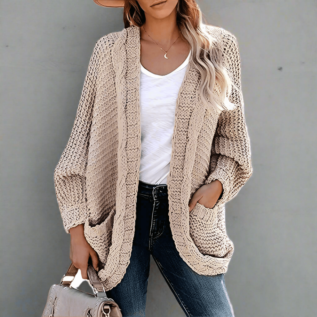Boho Beach Hut Cardigan, Sweater Boho Knit Cardigan with Pockets Khaki / S