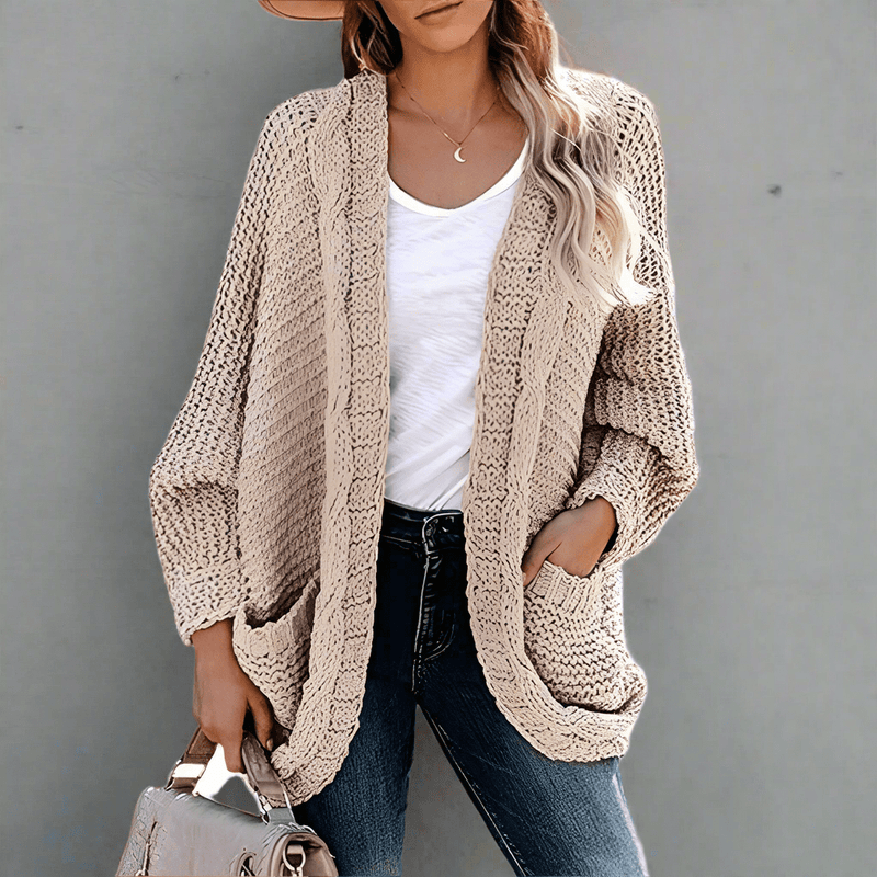 Boho Beach Hut Cardigan, Sweater Boho Knit Cardigan with Pockets Khaki / S