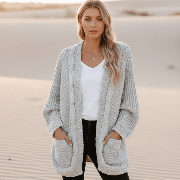 Boho Beach Hut Cardigan, Sweater Boho Knit Cardigan with Pockets Light Gray / S