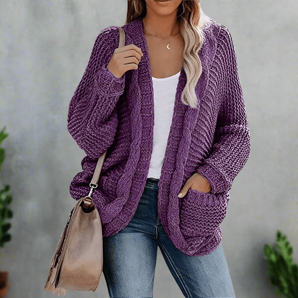 Boho Beach Hut Cardigan, Sweater Boho Knit Cardigan with Pockets Purple / S