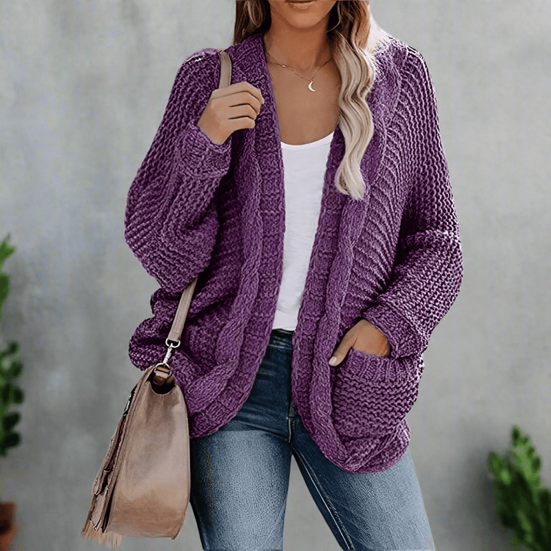 Boho Beach Hut Cardigan, Sweater Boho Knit Cardigan with Pockets Purple / S