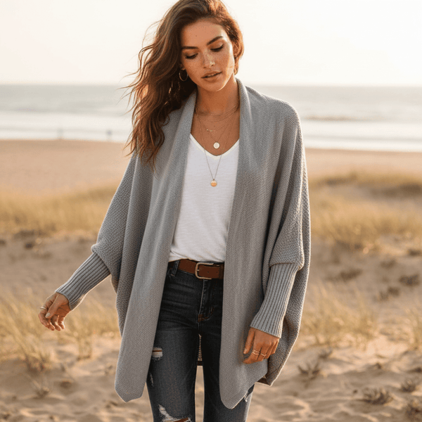 Boho Beach Hut Cardigans, Sweater Batwing Knitted Cardigan Gray / One Size