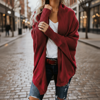 Boho Beach Hut Cardigans, Sweater Batwing Knitted Cardigan Red / One Size
