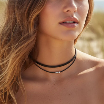 Boho Beach Hut Choker Necklaces Black Leather Choker Necklace Silver / One Size