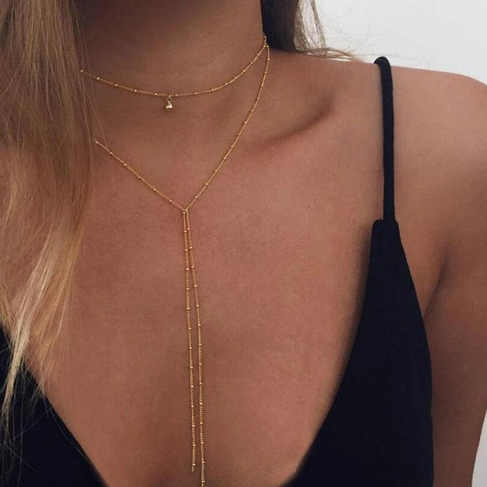 Boho Beach Hut Choker Necklaces Gold / One Size Simple Beads Long Tassel Choker Necklace