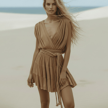 Boho Beach Hut Cover up, Beach Cover up Dress, Mini Length Cover Up Dress Boho Beach Cover Up Mini Dress Khaki / One Size