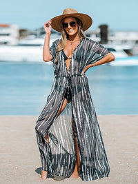 Boho Beach Hut Cover up, Kimono, Plus Size Black Stripes / S Leopard Print Kimono Bikini Cover Up