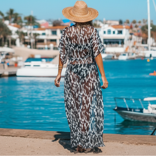 Boho Beach Hut Cover up, Kimono, Plus Size Leopard Print Kimono Bikini Cover Up Black / One Size