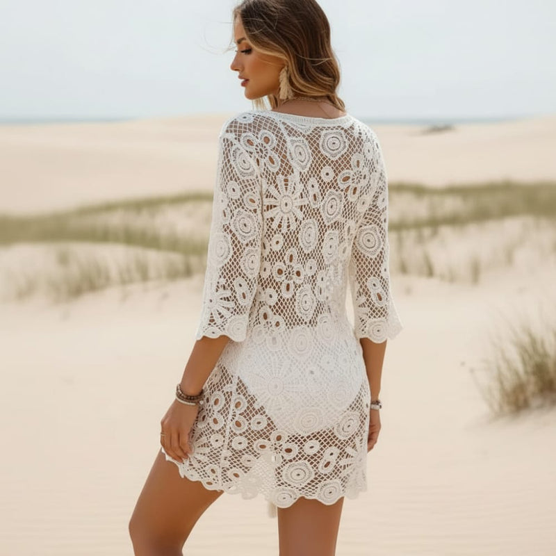 White Crochet Mini Beach Cover Up with Lace-Up Front | Boho Style in Off White - Women's Boho Fashion