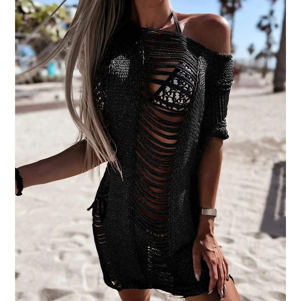 Boho Beach Hut Cover Up, Swimsuit Cover Up Sexy See Through Bikini Cover Up Black / S